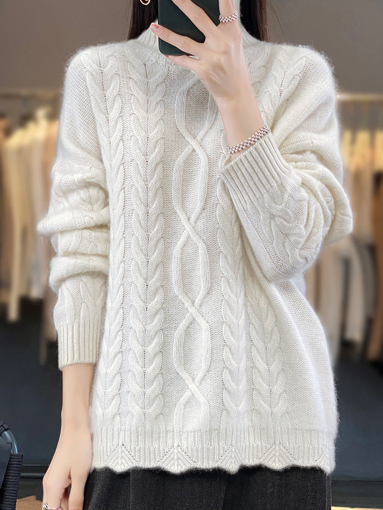 Damen Grobstrick Pullover Zopfmuster Rundhals Beigefarben