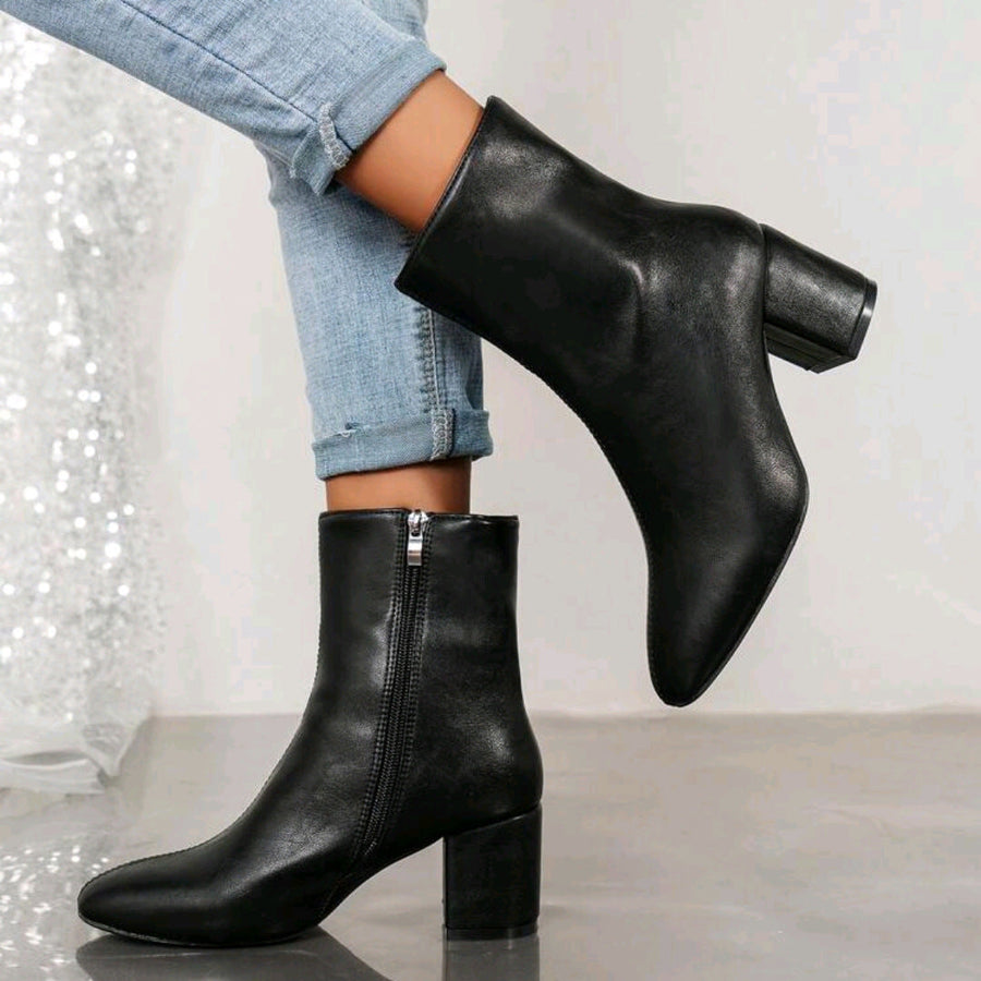 Damen Stiefeletten mit Blockabsatz, spitzer Zehenpartie und Reißverschluss