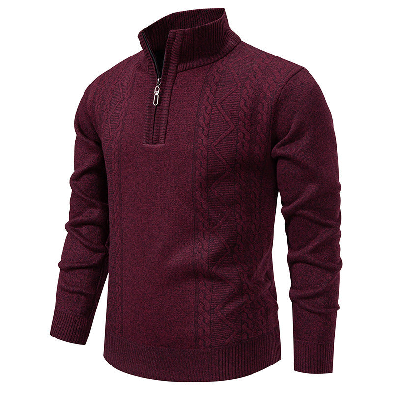 Herren Strickpullover mit Zopfmuster, Stehkragen und Reißverschluss, Melange-Optik