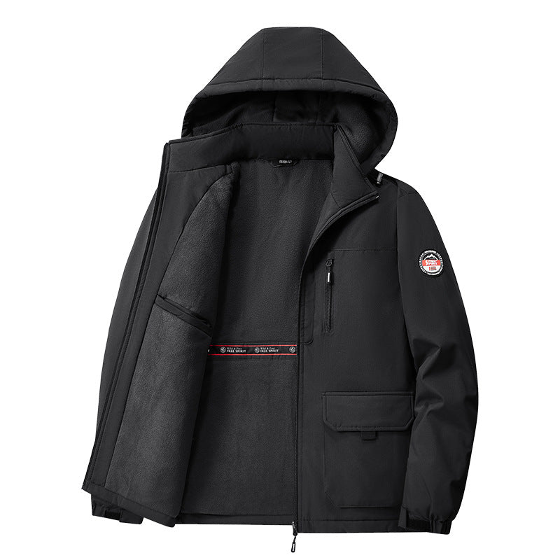 Herren Winterjacke mit Kapuze, Reißverschluss & aufgesetzten Taschen, Fleecefutter
