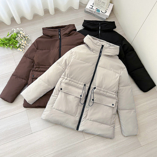 Gewatteerde damesjas met capuchon en trekkoord, beige