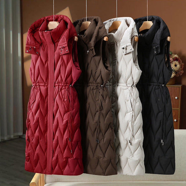 Lange gewatteerde bodywarmer voor dames met capuchon en trekkoord