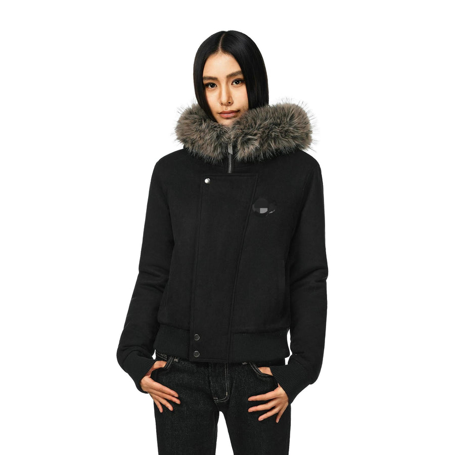 Damen Jacke mit Kunstpelzbesatz und asymmetrischem Reißverschluss