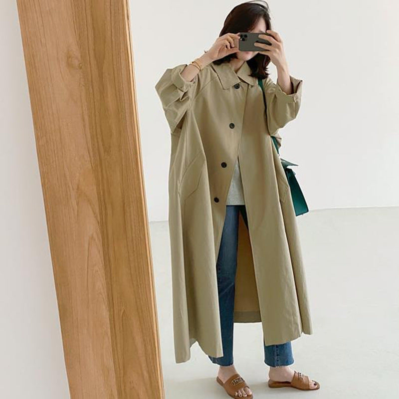 Lange trenchcoat voor dames, lichte overslagmantel, kaki/zwart