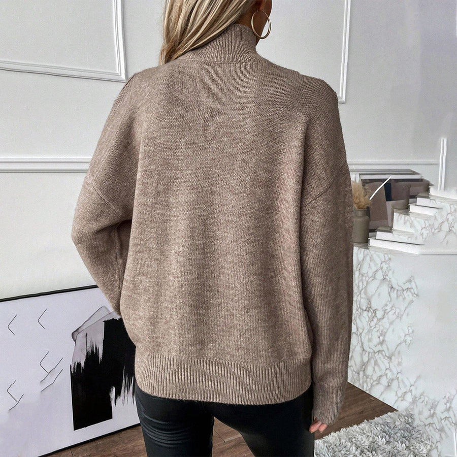 Dames trui beige, off-shoulder, V-hals, gebreide trui met coltrui-look