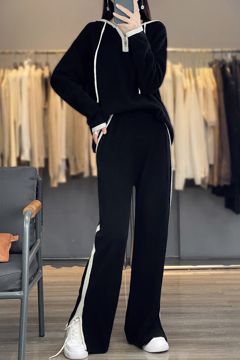 Damen Hoodie und Hose Set mit Reißverschluss und Kontraststreifen