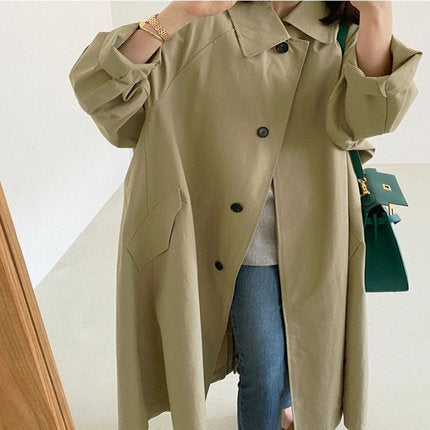 Lange trenchcoat voor dames, lichte overslagmantel, kaki/zwart