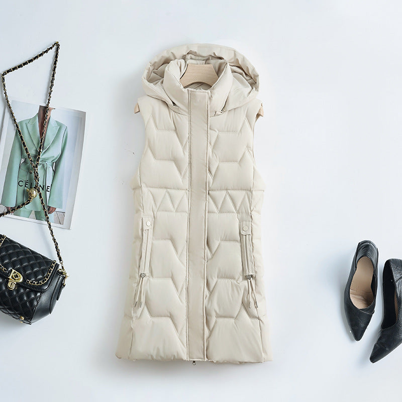 Gewatteerde damesbodywarmer met capuchon en ritssluiting, lang model