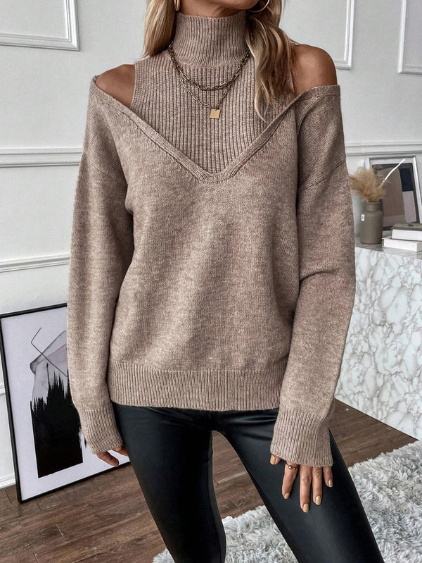 Damen Pullover Beige Schulterfrei V-Ausschnitt Strickpullover Rollkragen-Optik