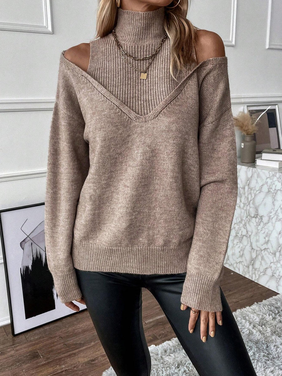 Dames trui beige, off-shoulder, V-hals, gebreide trui met coltrui-look