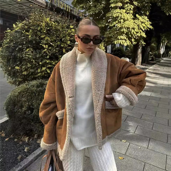 Kort damesjasje in shearlingstijl met pluche voering en kraag