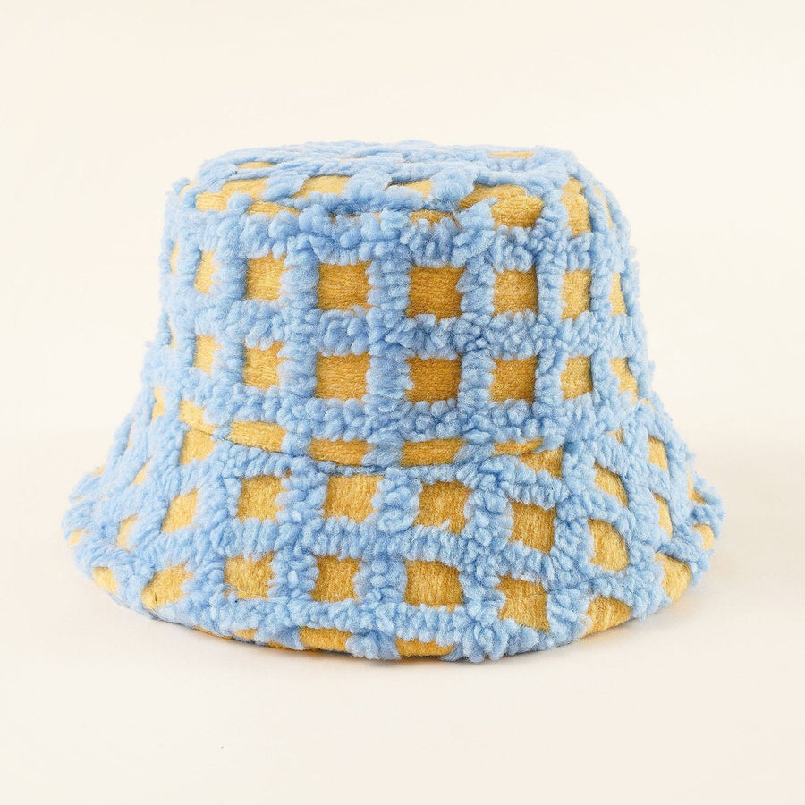 Kleurrijke teddyfleece-bucket hat met ruitpatroon