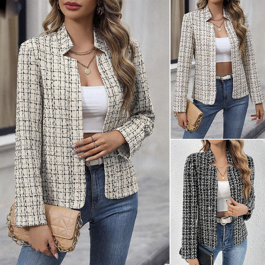 Damen Tweed-Blazer mit Karomuster Offener Vorderseite