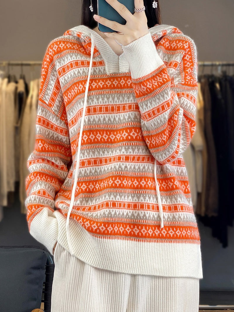 Gestrickter Damen Hoodie mit Mustern und Kapuze