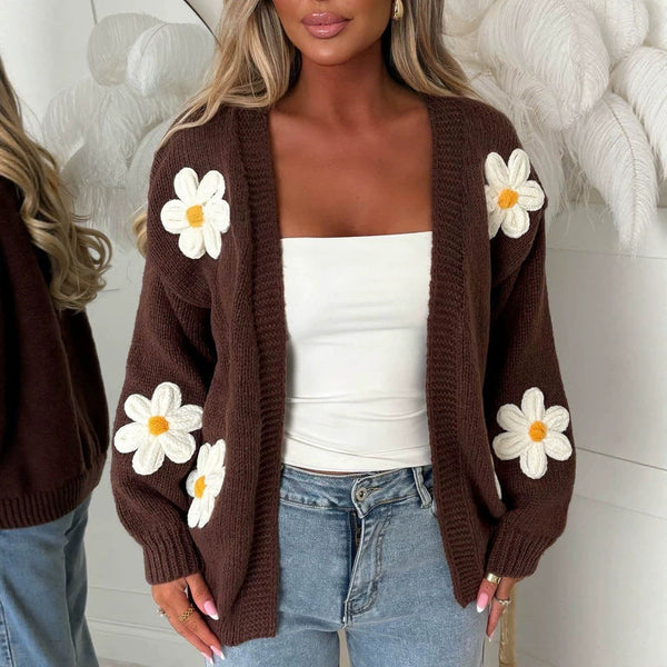 Damen Strickjacke mit Blumen-Applikationen, offen, langärmlig