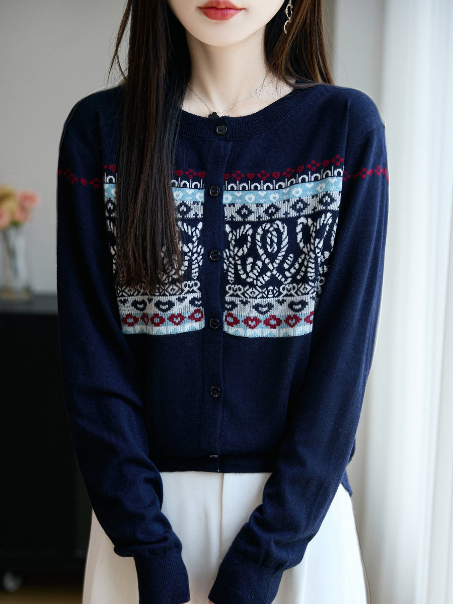 Damen Strickjacke mit Rundhals und Jacquard-Muster