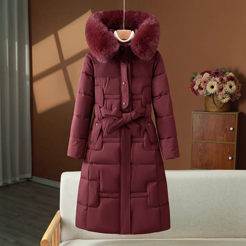 Damen Winter Steppmantel Lang mit Kunstpelz Kapuze & Gürtel