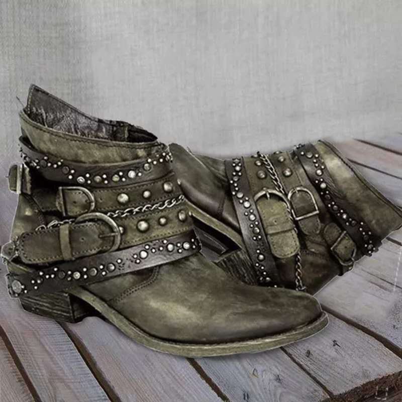 Biker-enkellaarsjes voor dames met studs, bruin, gespen, kettingen, westernlaarzen