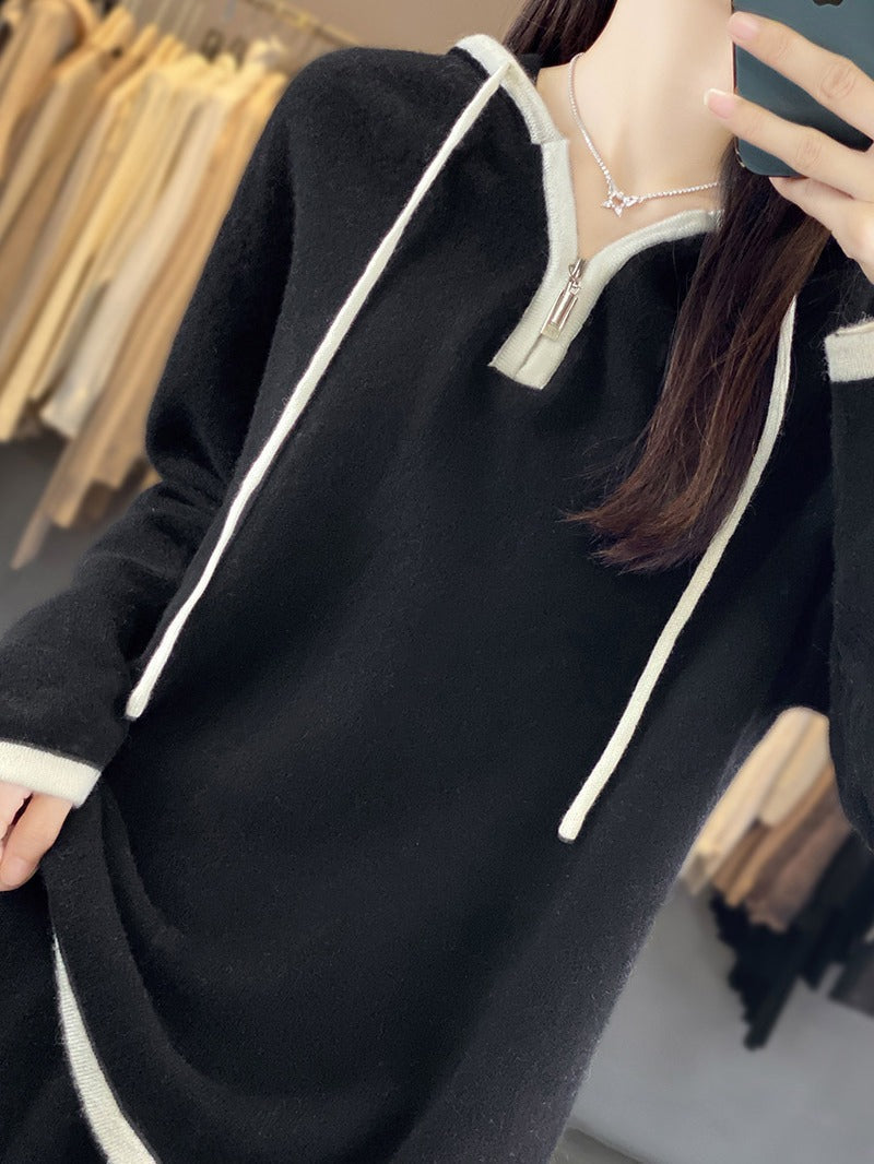 Damen Hoodie und Hose Set mit Reißverschluss und Kontraststreifen