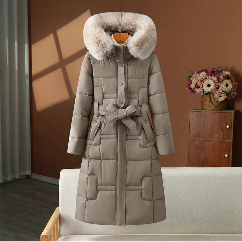 Damen Winter Steppmantel Lang mit Kunstpelz Kapuze & Gürtel