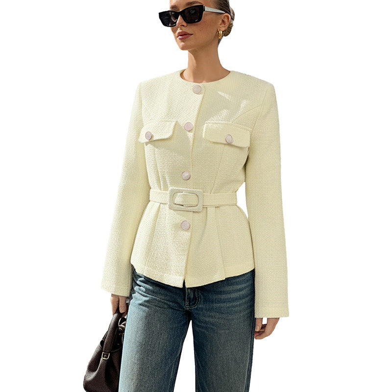 Damen Tweed Jacke mit Gürtel in Beige