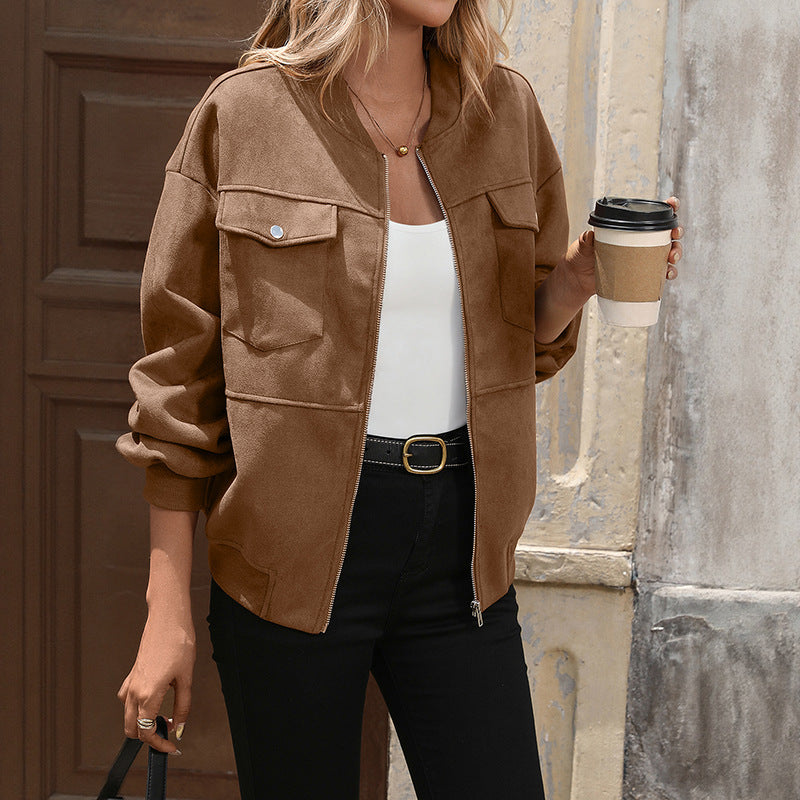 Braune Damen Bomberjacke mit Reißverschluss und Pattentaschen