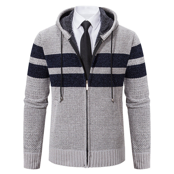 Herren Strickjacke mit Kapuze, Reißverschluss und Streifenmuster