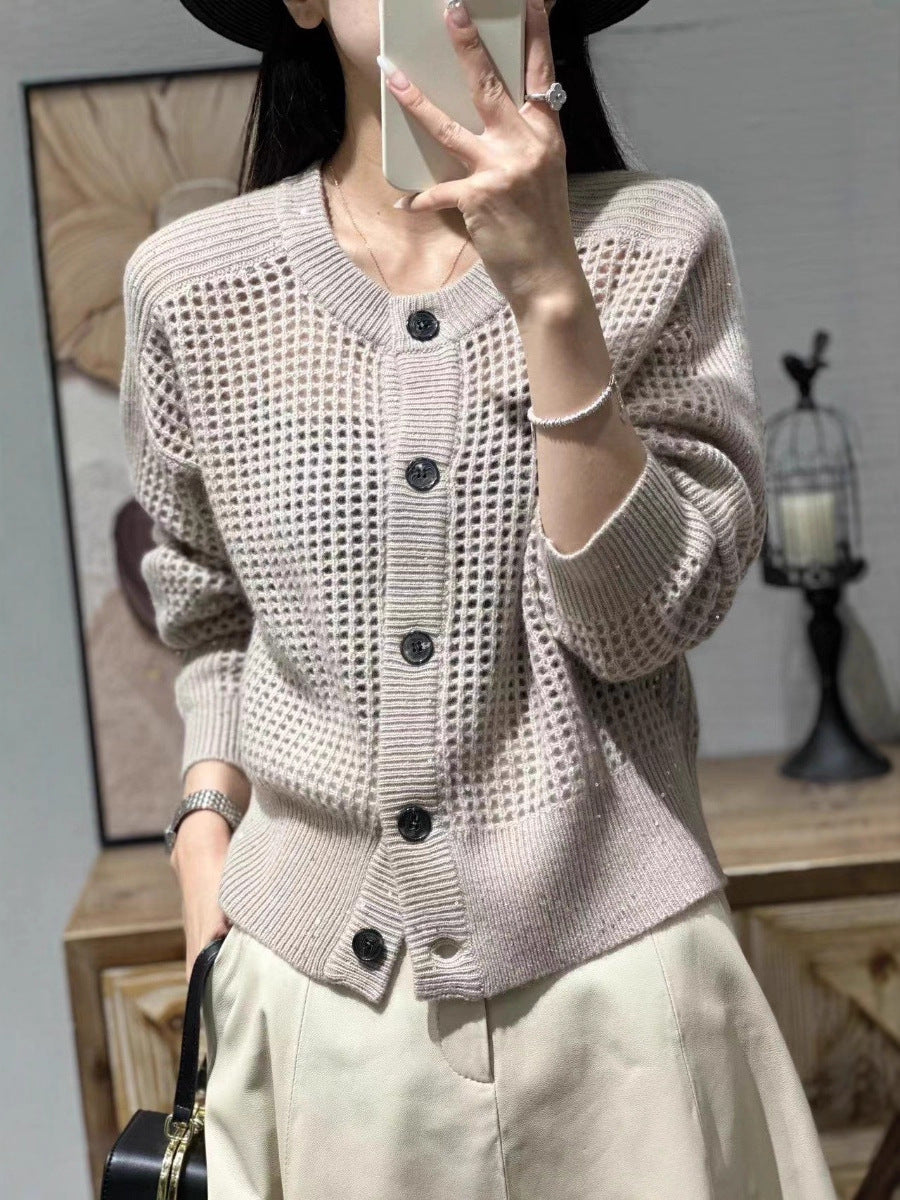 Damen Strickjacke mit Rundhals und Lochmuster, geknöpft