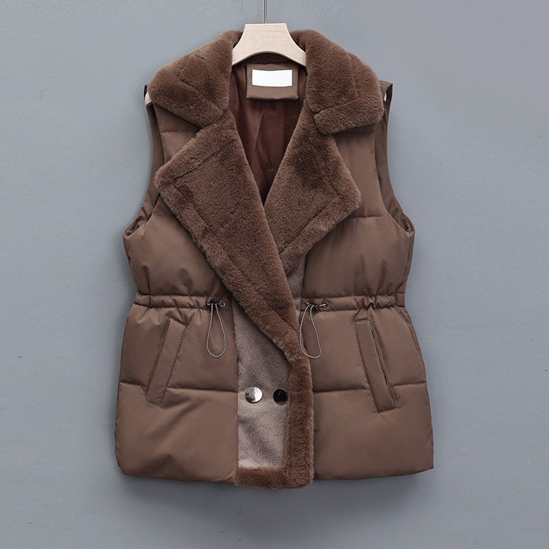 Damesbodywarmer met kraag van imitatiebont en taillekoord