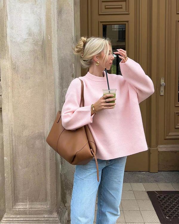 Rosa Oversize Grobstrick Pullover für Damen