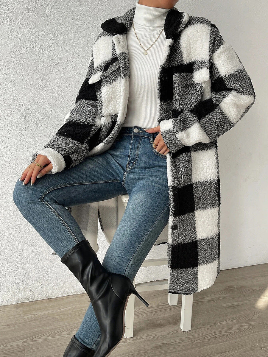 Langer Karo Shacket Teddy Mantel mit Knopfleiste & Kragen für Damen