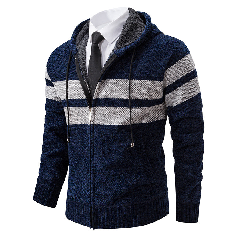 Gebreid vest voor heren met capuchon, rits en strepenpatroon