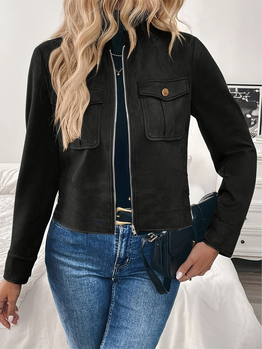 Kurze Damenjacke mit Reißverschluss, Kragen und Pattentaschen – Khaki
