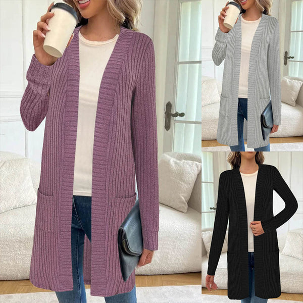 Damen Langstrickjacke Rippstrick Offen mit Taschen