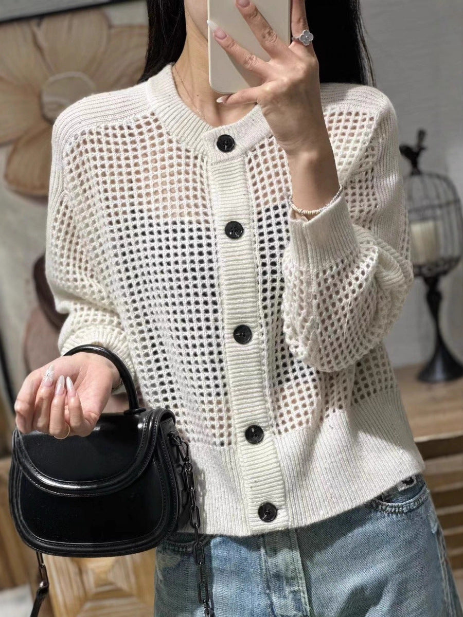 Damen Strickjacke mit Rundhals und Lochmuster, geknöpft