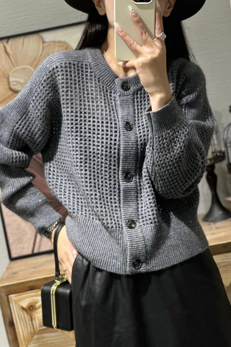 Damen Strickjacke mit Rundhals und Lochmuster, geknöpft