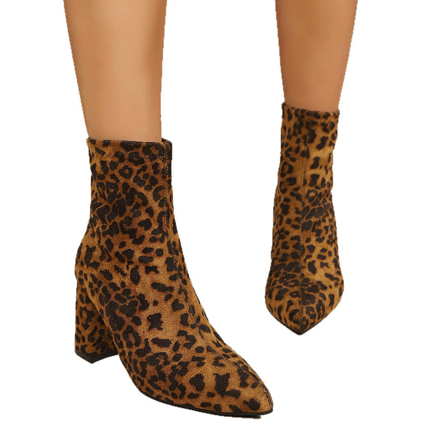 Damen Stiefeletten Spitz Schwarz Leopard Aprikose Blockabsatz