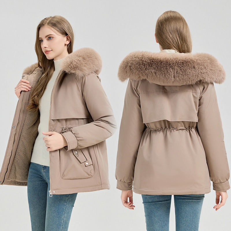 Winterparka voor dames met afneembare imitatiebontkraag, trekkoord en zachte voering