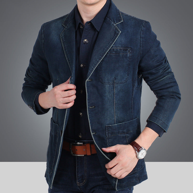 Herren Jeans Sakko Dunkelblau Hellblau Freizeit-Blazer mit Knöpfen