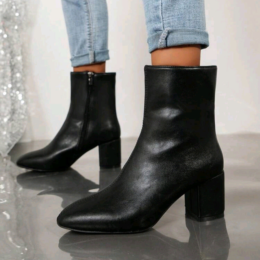 Damen Stiefeletten mit Blockabsatz, spitzer Zehenpartie und Reißverschluss