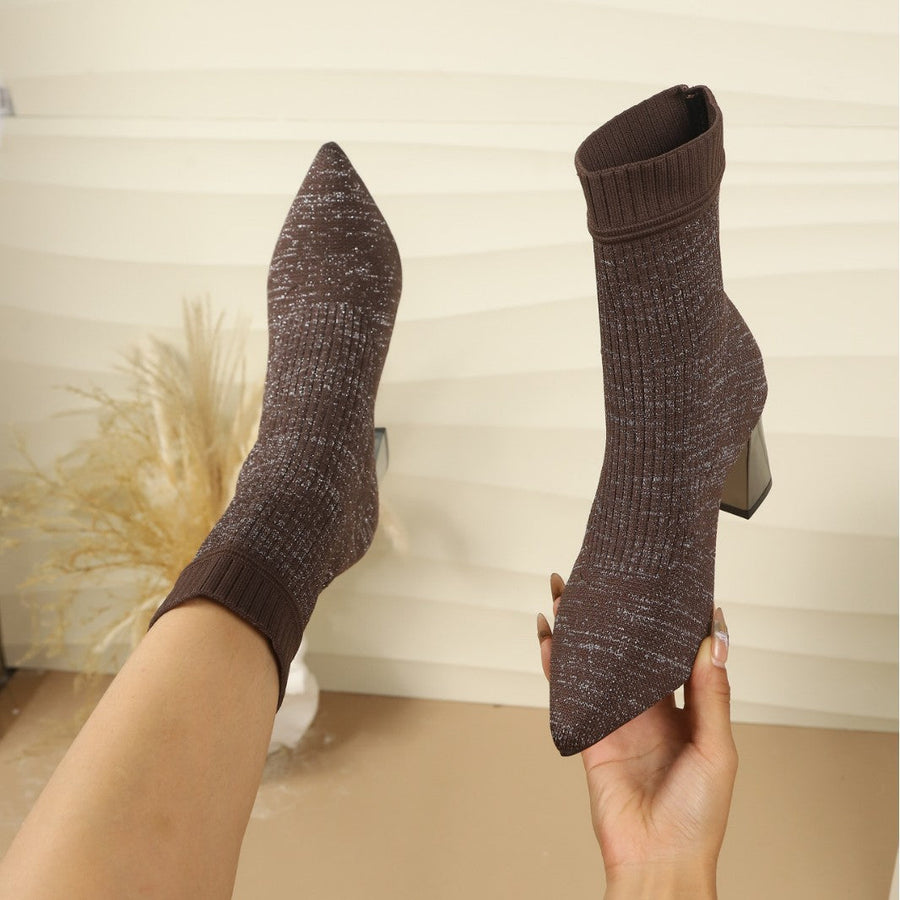 Damen Stricke Stiefelette mit Blockabsatz und spitzer Zehenpartie