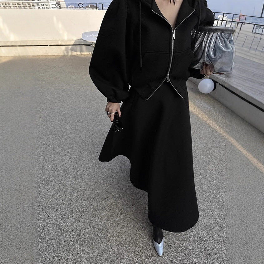 Damen Hoodie-Jacke mit Puffärmeln & A-Linien-Midirock Set