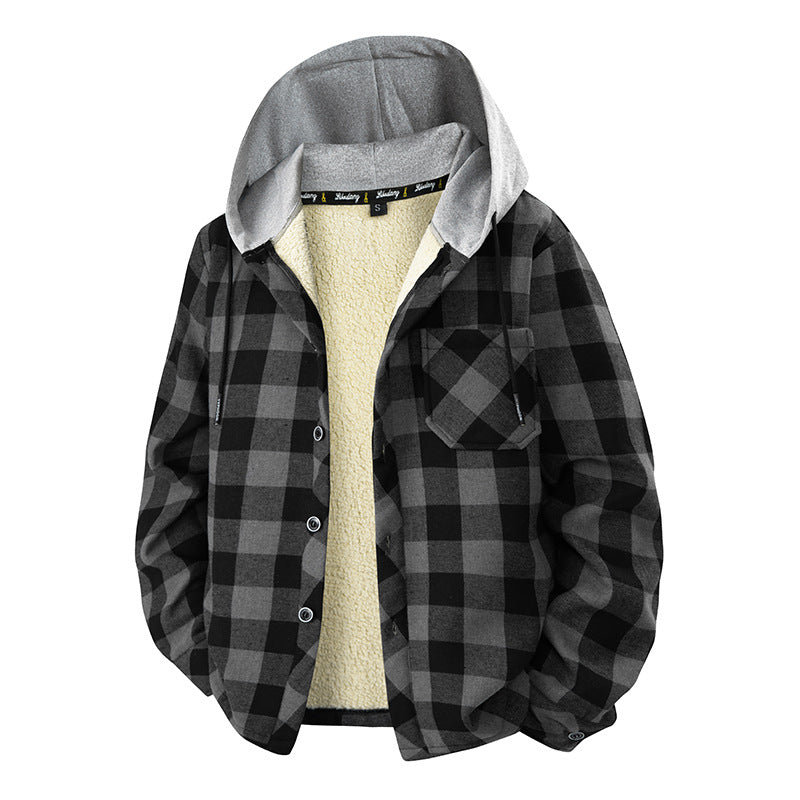 Herren Kariertes Hemd Jacke mit Kapuze Fleece-Futter Winter Warm