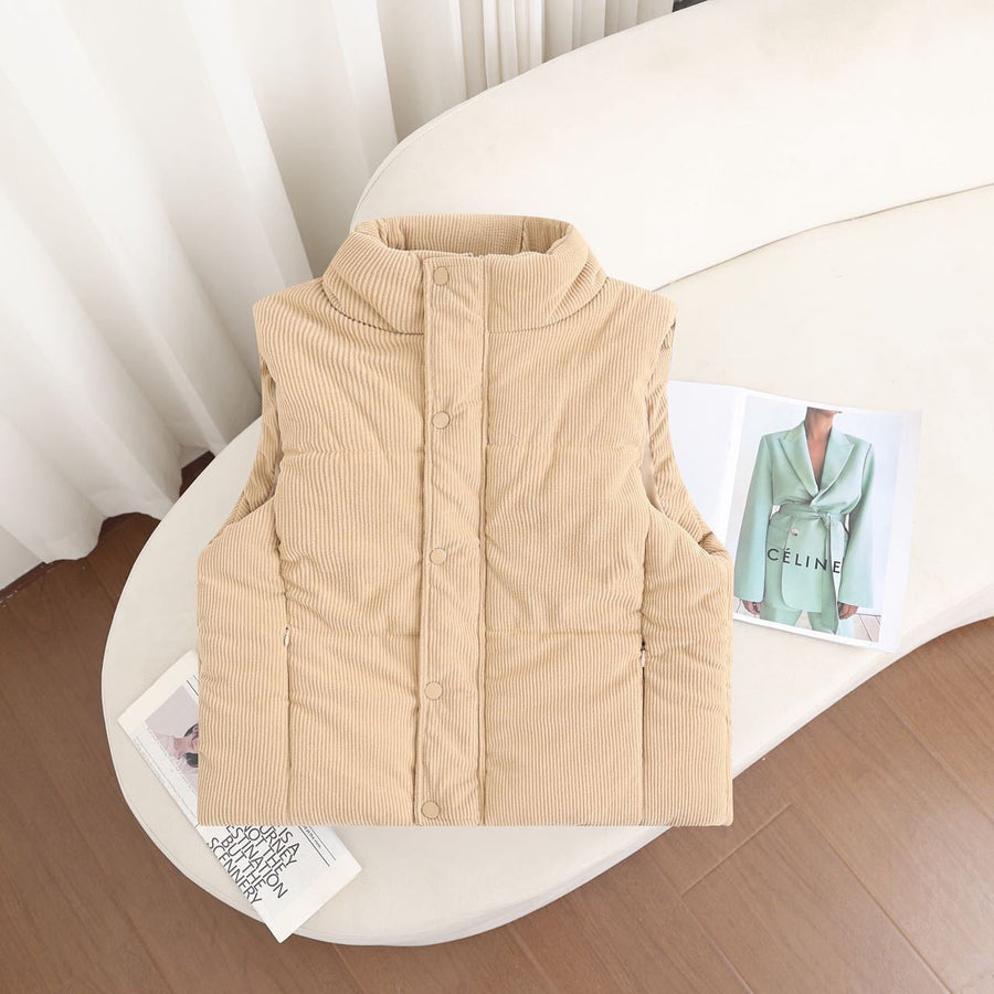 Gewatteerde damesbodywarmer met opstaande kraag, corduroylook