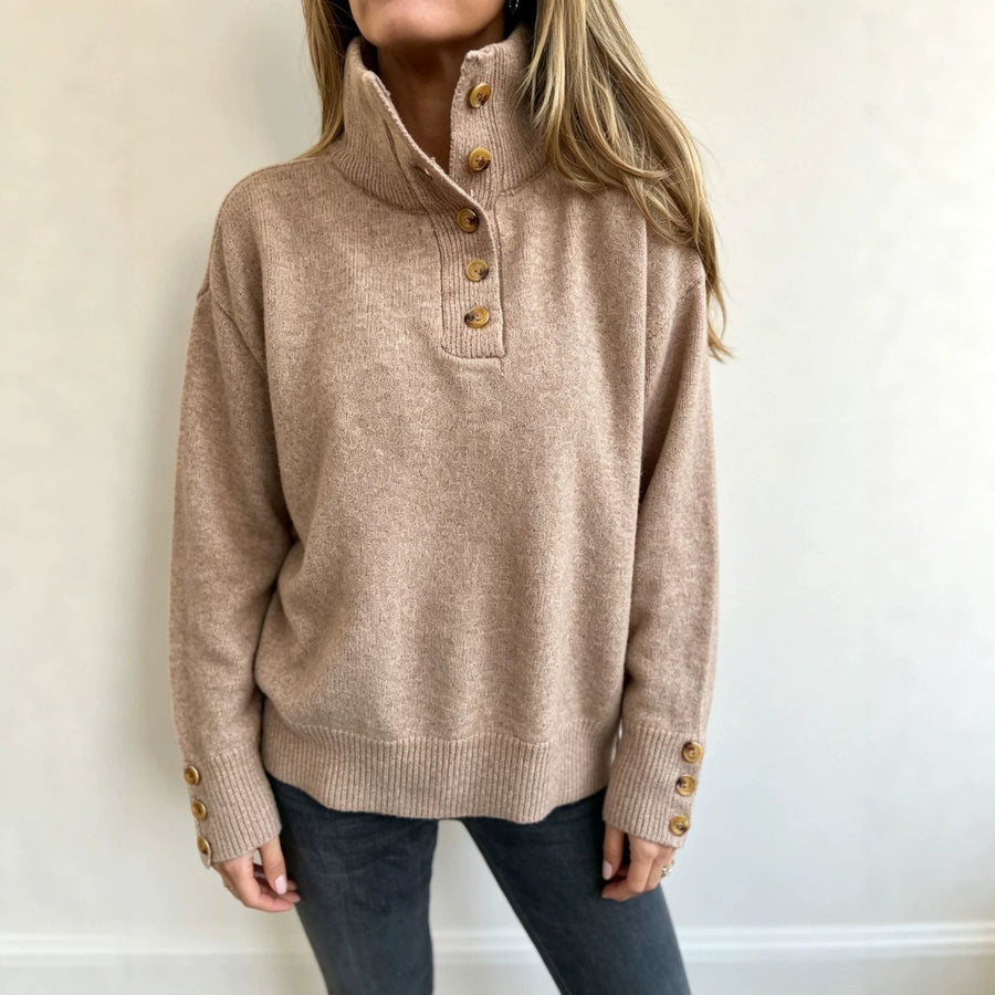 Damen Stehkragen Pullover mit Knopfleiste und Knopfdetails an den Ärmeln