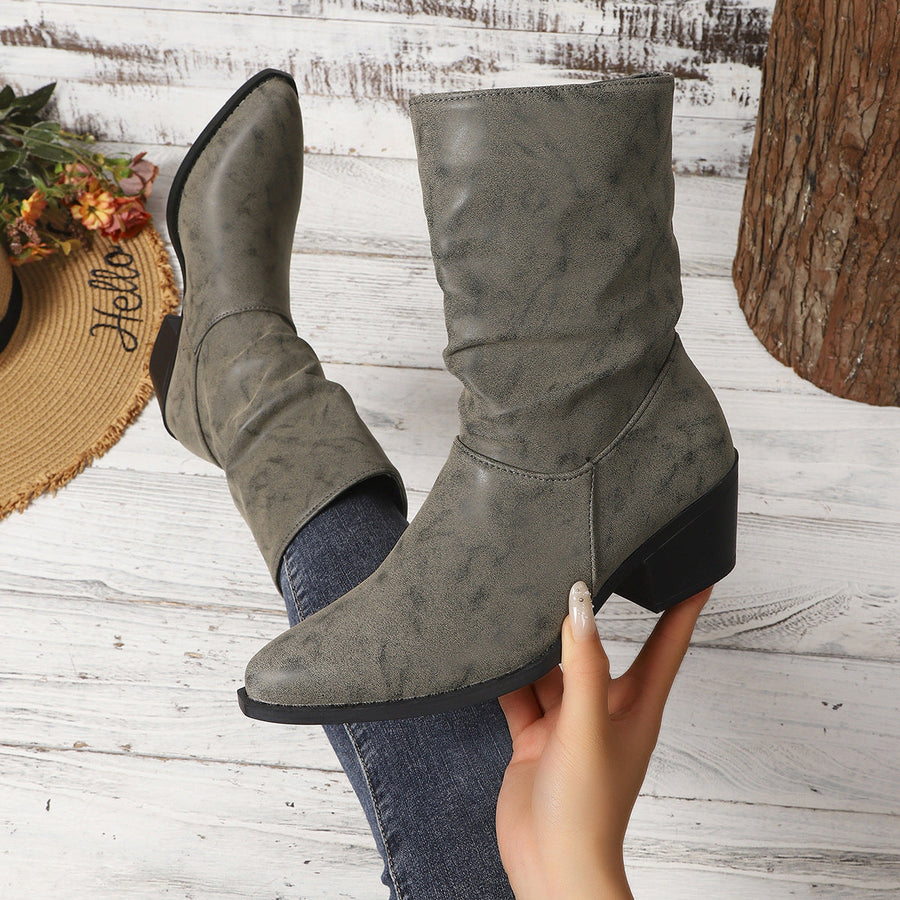 Damen Stiefeletten mit Blockabsatz, spitzer Zehenkappe und gerafftem Schaft