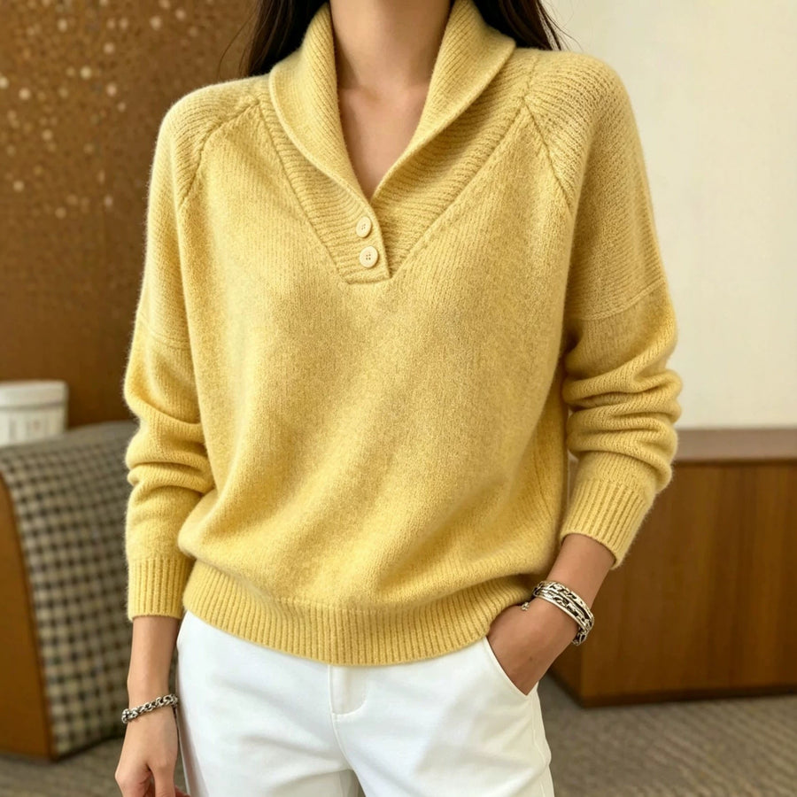 Damen Pullover mit Schalkragen und Knopfleiste, weiches Material