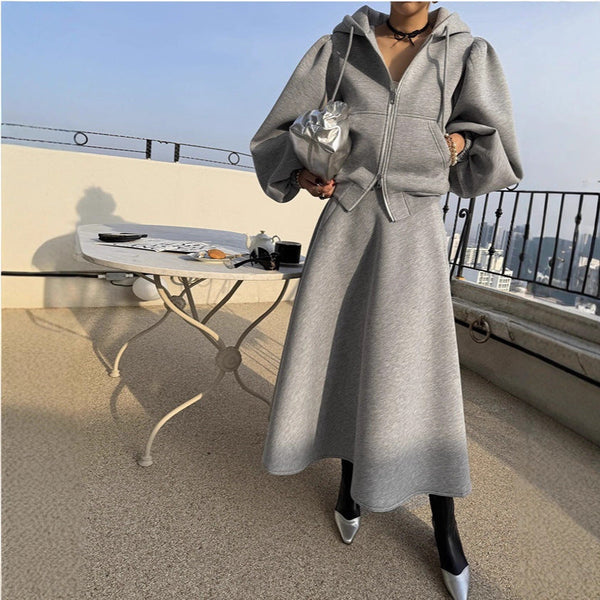 Damen Hoodie-Jacke mit Puffärmeln & A-Linien-Midirock Set