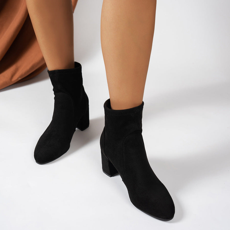 Damen Stiefeletten Schwarz Blockabsatz Quadratische Spitze