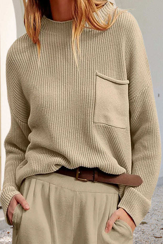 Gerippter Damen Mock-Neck Pullover mit Brusttasche